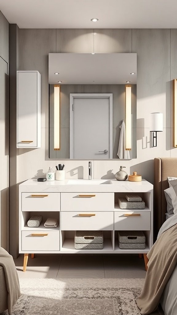 A modern bedroom vanity with storage, featuring a large mirror, sleek design, and organized drawers.