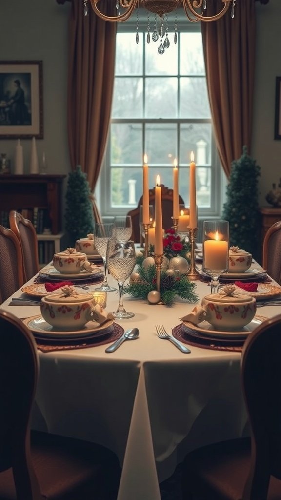50 Charming Vintage Christmas Decor Ideas to Transform Your Home A vintage-inspired Christmas table setting with elegant dinnerware, candles, and festive decorations.