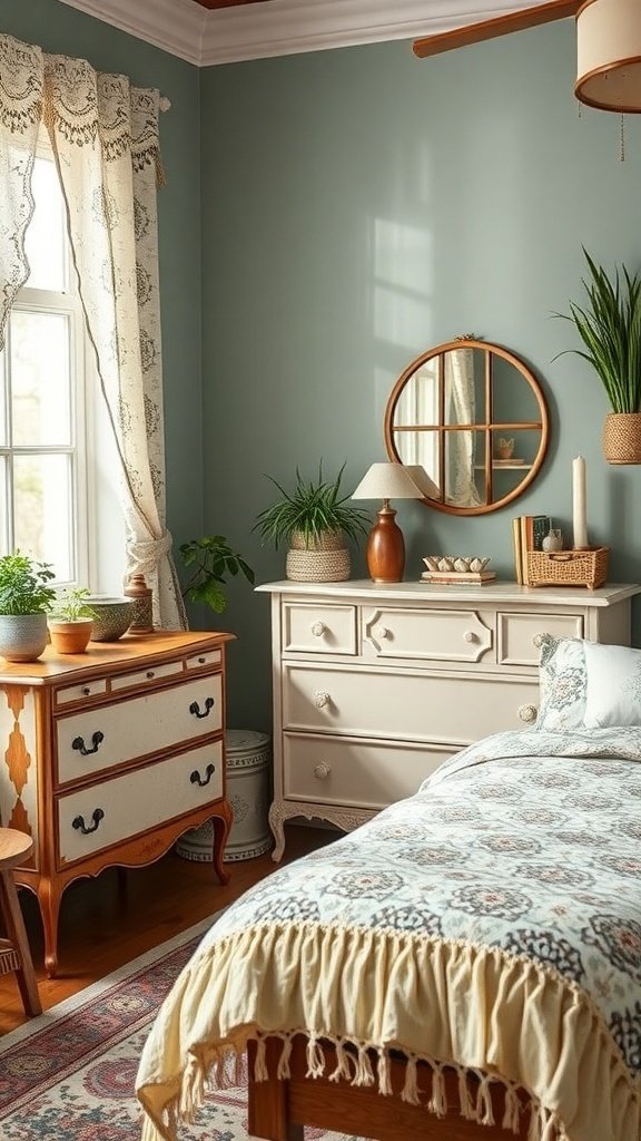 50 Boho Bedroom Decor Ideas to Transform Your Space A cozy Boho bedroom featuring vintage furniture, plants, and soft colors.