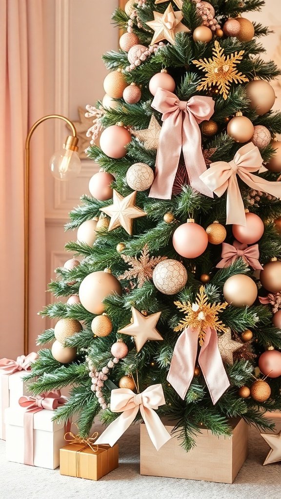 50 Creative Christmas Tree Decor Ideas to Elevate Your Holiday Spirit A beautifully decorated Christmas tree with blush pink and gold ornaments, featuring ribbons and star decorations, with wrapped gifts underneath.