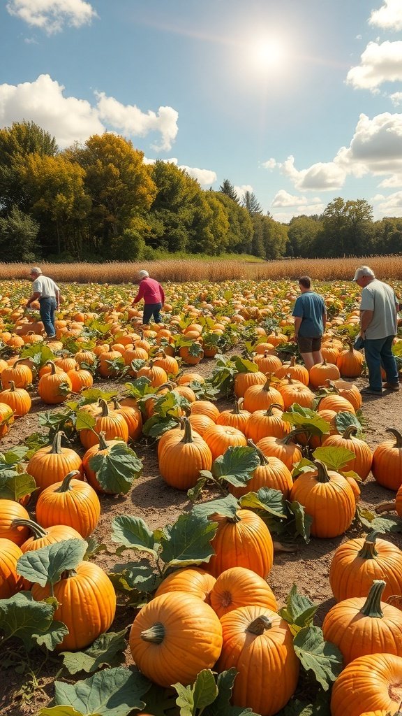 A sunny pumpkin patch with people harvesting pumpkins under a bright sky.