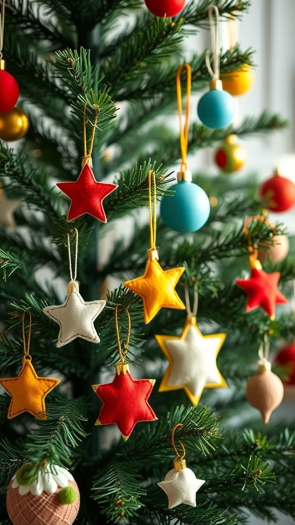 50 Creative Christmas Tree Decor Ideas to Elevate Your Holiday Spirit Colorful felt ornaments including stars and round shapes hanging on a Christmas tree.