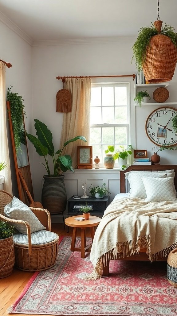 50 Boho Bedroom Decor Ideas to Transform Your Space A cozy Boho bedroom featuring a wooden bed, plants, and a mix of vintage and modern decor.