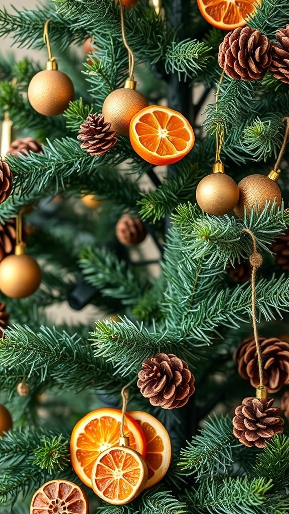 50 Creative Christmas Tree Decor Ideas to Elevate Your Holiday Spirit A Christmas tree decorated with golden ornaments, pine cones, and dried orange slices.