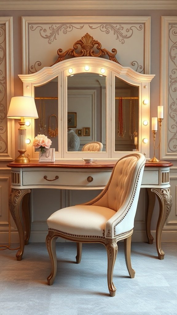 Elegant vanity table with jewelry storage, featuring a mirror and soft lighting.