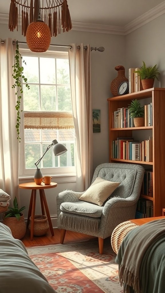 50 Boho Bedroom Decor Ideas to Transform Your Space A cozy reading nook in a Boho bedroom featuring a comfortable chair, side table with mugs, and a bookshelf filled with books.