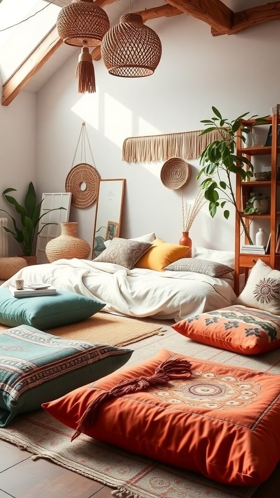 50 Boho Bedroom Decor Ideas to Transform Your Space A cozy Boho bedroom featuring colorful floor cushions, a bed with soft bedding, and natural decor elements.