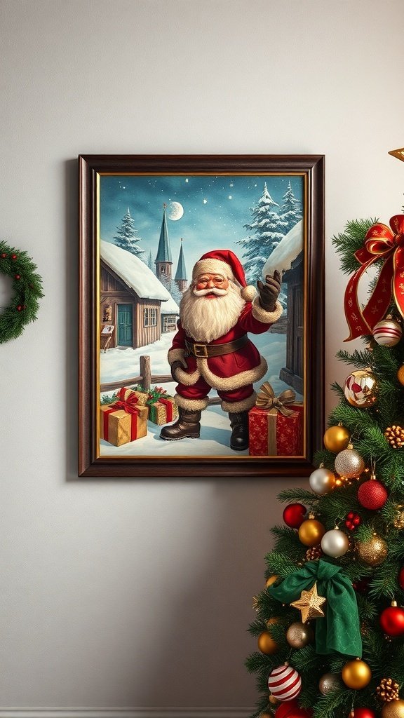 50 Charming Vintage Christmas Decor Ideas to Transform Your Home Vintage Santa poster in a wooden frame, depicting Santa Claus in a snowy landscape with gifts.