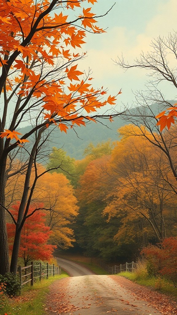 A scenic road lined with trees showcasing vibrant fall foliage in shades of orange, red, and yellow.