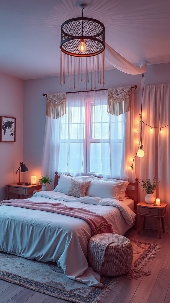 50 Boho Bedroom Decor Ideas to Transform Your Space A cozy Boho bedroom with warm lighting, soft linens, and decorative elements.