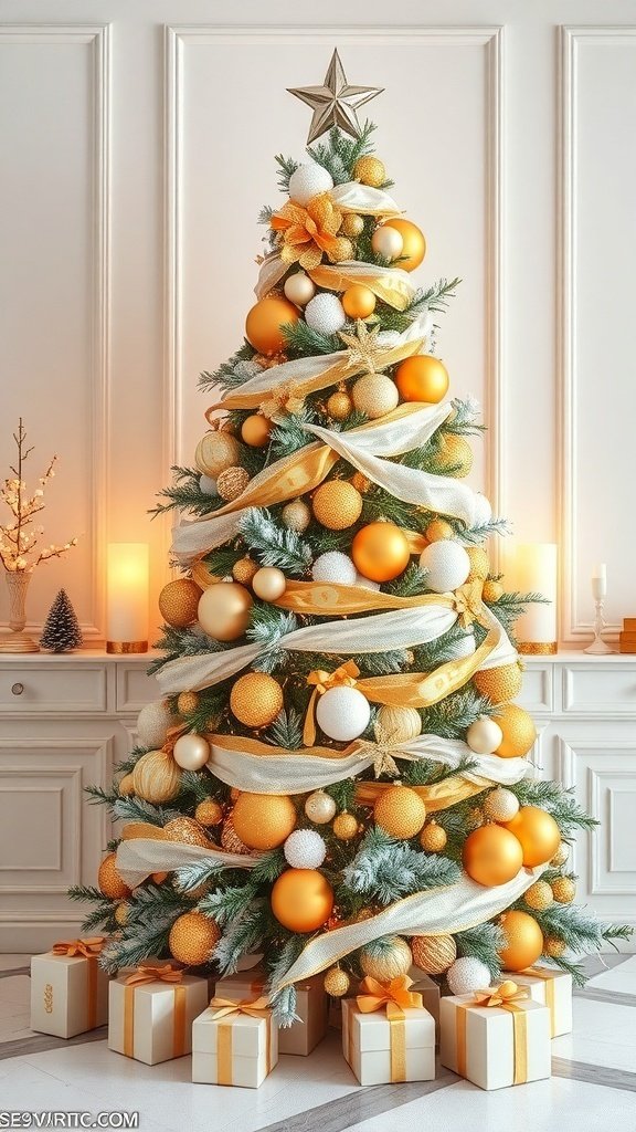 50 Creative Christmas Tree Decor Ideas to Elevate Your Holiday Spirit A beautifully decorated Christmas tree with gold and white ornaments, ribbons, and presents.