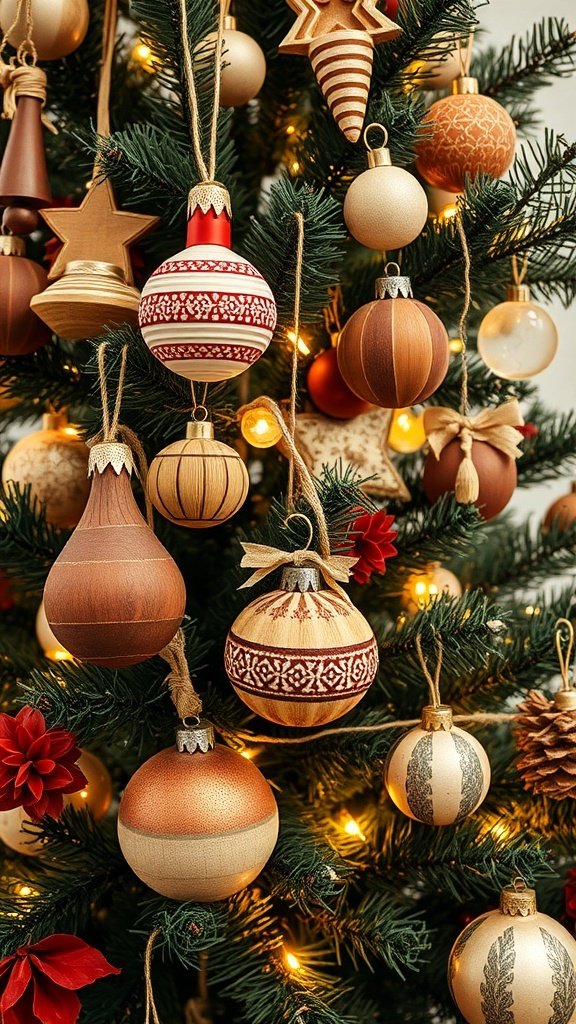 50 Charming Vintage Christmas Decor Ideas to Transform Your Home A close-up of rustic wooden ornaments hanging on a Christmas tree, featuring various shapes and designs.