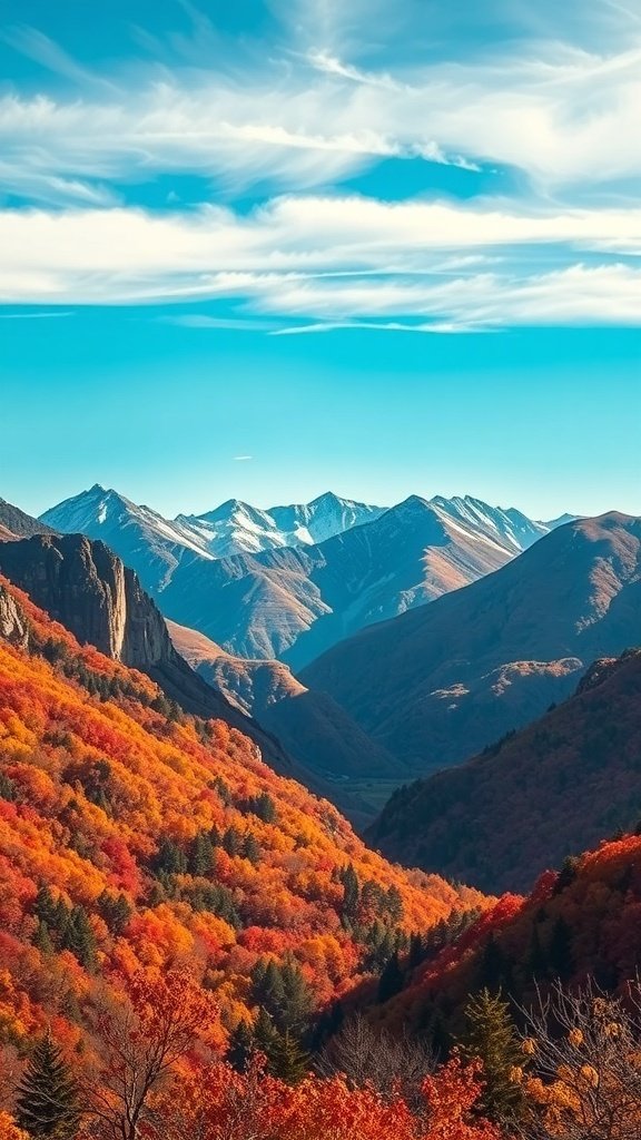 A stunning view of mountains with vibrant fall foliage in the foreground and a clear blue sky.