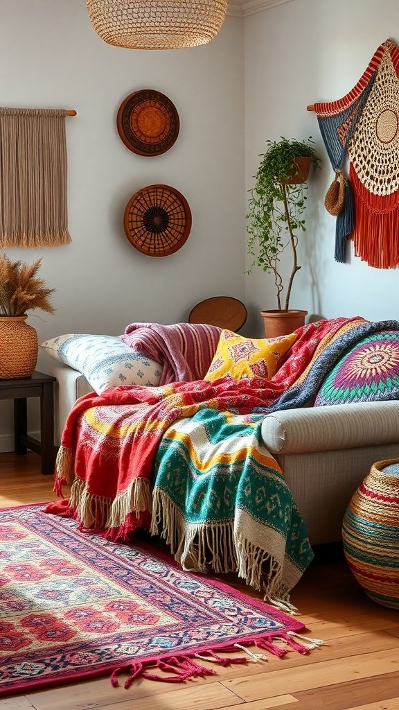 50 Boho Bedroom Decor Ideas to Transform Your Space A cozy Boho bedroom with colorful throw blankets on a sofa, showcasing vibrant patterns and textures.