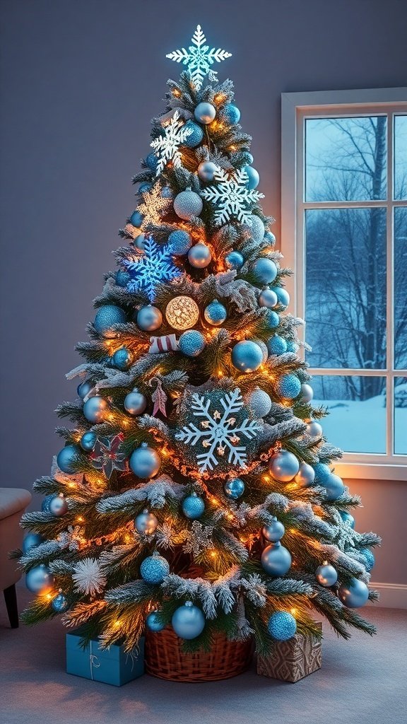 50 Creative Christmas Tree Decor Ideas to Elevate Your Holiday Spirit A beautifully decorated Christmas tree with blue and silver ornaments, snowflake decorations, and warm lights, set against a wintery window view.