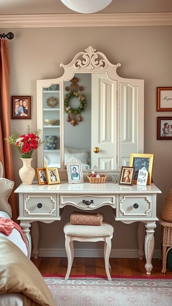 A personalized vanity with family photos and a floral arrangement in a cozy bedroom setting.