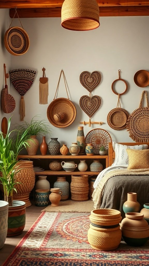 50 Boho Bedroom Decor Ideas to Transform Your Space A cozy Boho bedroom featuring handmade woven wall hangings, pottery, and plants.