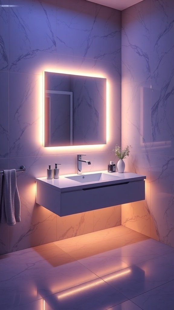A modern floating vanity with LED lights in a stylish bathroom setting.