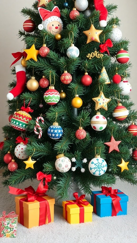50 Creative Christmas Tree Decor Ideas to Elevate Your Holiday Spirit A beautifully decorated Christmas tree with colorful handmade ornaments and presents underneath.