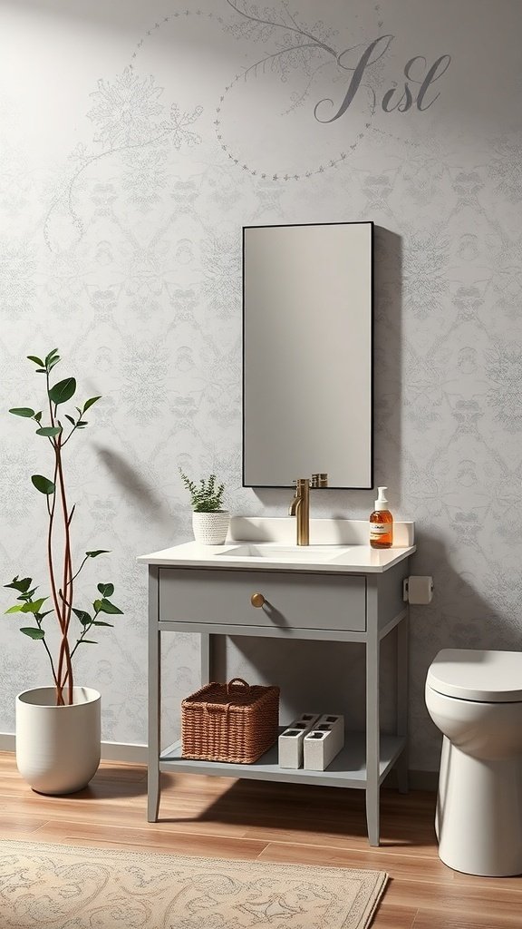 A compact gray vanity with a mirror, sink, and storage in a small bathroom setting.