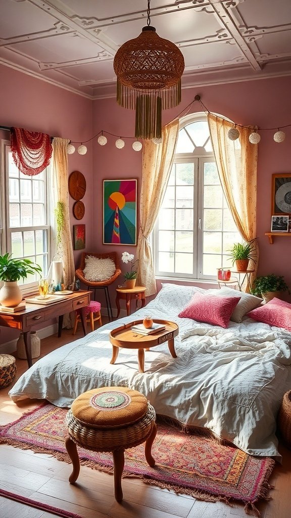 50 Boho Bedroom Decor Ideas to Transform Your Space A cozy Boho bedroom with pink walls, colorful pillows, and natural light.