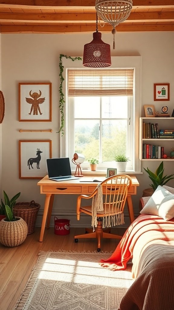 50 Boho Bedroom Decor Ideas to Transform Your Space A cozy workspace in a Boho bedroom featuring a wooden desk, comfortable chair, plants, and natural light.