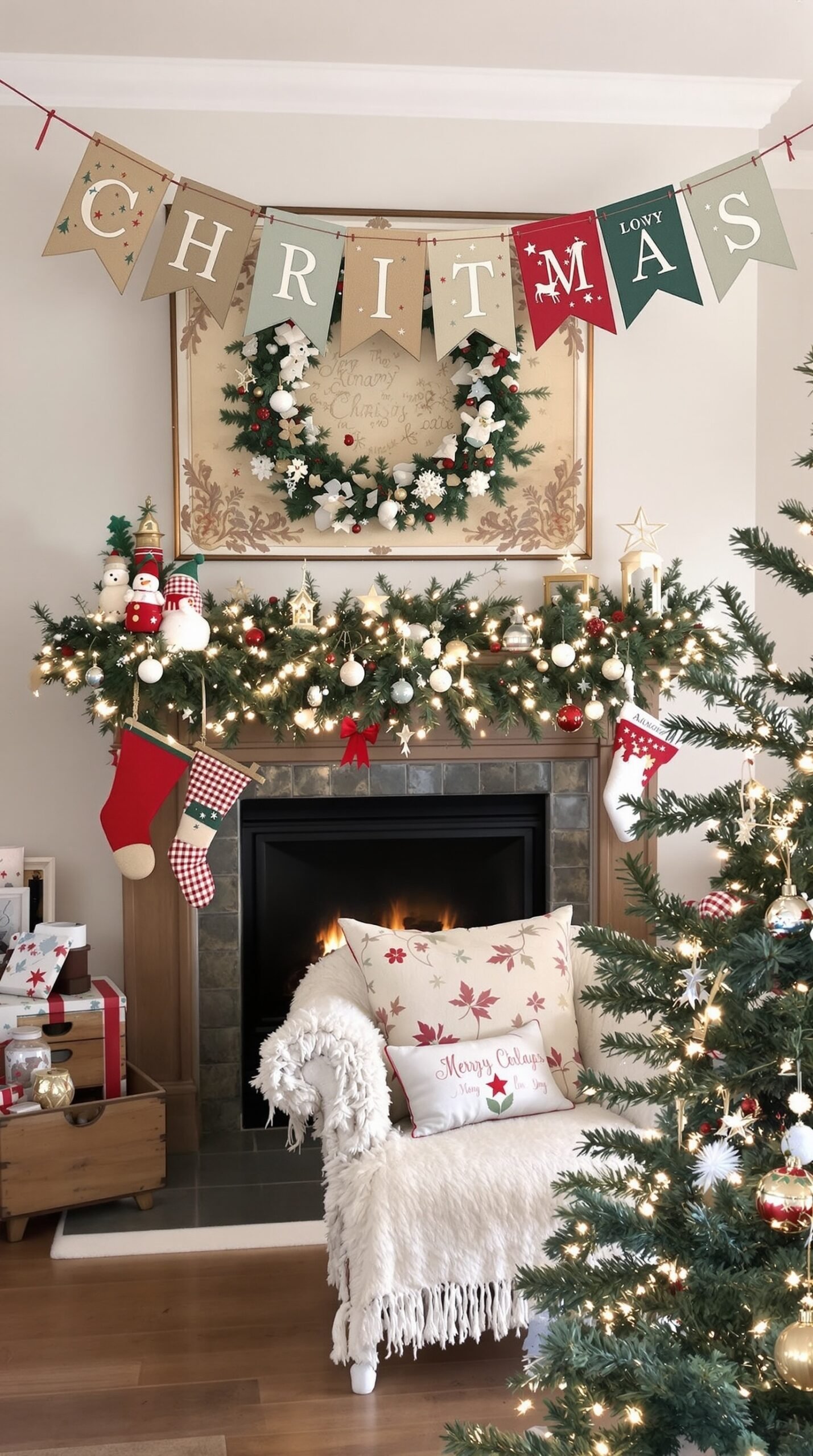 50 Charming Vintage Christmas Decor Ideas to Transform Your Home Vintage holiday banners that say 'MERRY HOLIDAY' in red and gold, decorated with greenery.