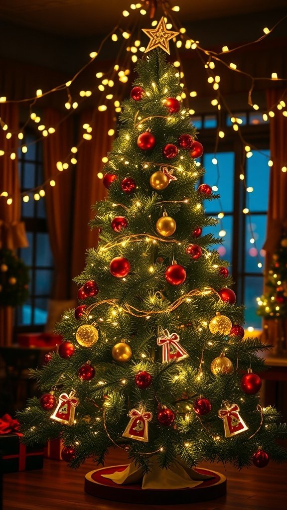 50 Creative Christmas Tree Decor Ideas to Elevate Your Holiday Spirit A beautifully decorated Christmas tree with twinkling fairy lights and red and gold ornaments.
