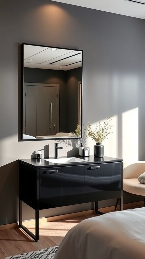 A sleek black vanity with a mirror and decorative items in a modern bedroom