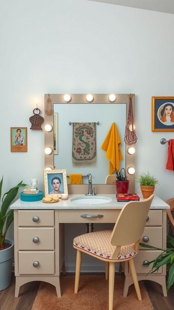 A cozy vanity area featuring a lighted mirror, a beige vanity, colorful accents, and personal decor.