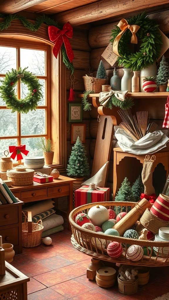 50 Charming Vintage Christmas Decor Ideas to Transform Your Home A cozy room decorated for Christmas with wreaths, ornaments, and crafting supplies.