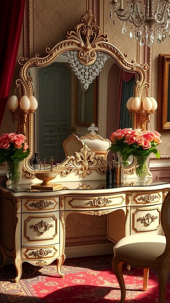 A vintage glamour vanity with an ornate mirror, elegant flowers, and a stylish chair.