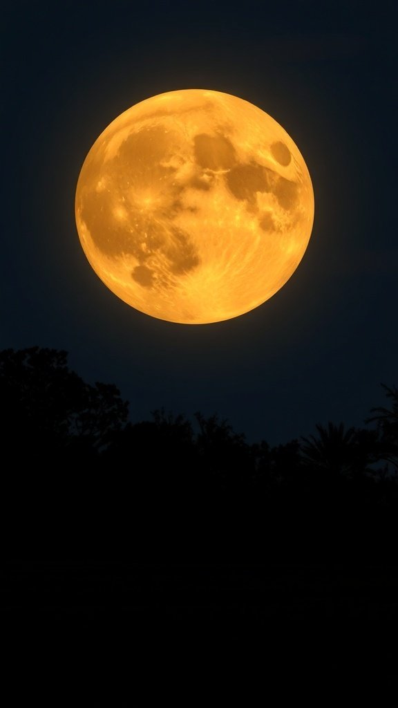 A bright, golden Harvest Moon shining in a dark sky with silhouettes of trees.