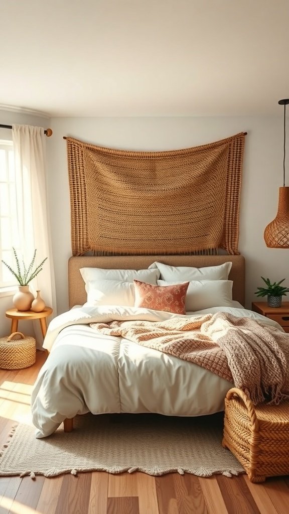 50 Boho Bedroom Decor Ideas to Transform Your Space A cozy Boho bedroom featuring a layered bed with warm-toned blankets and pillows, natural light, and woven decor.