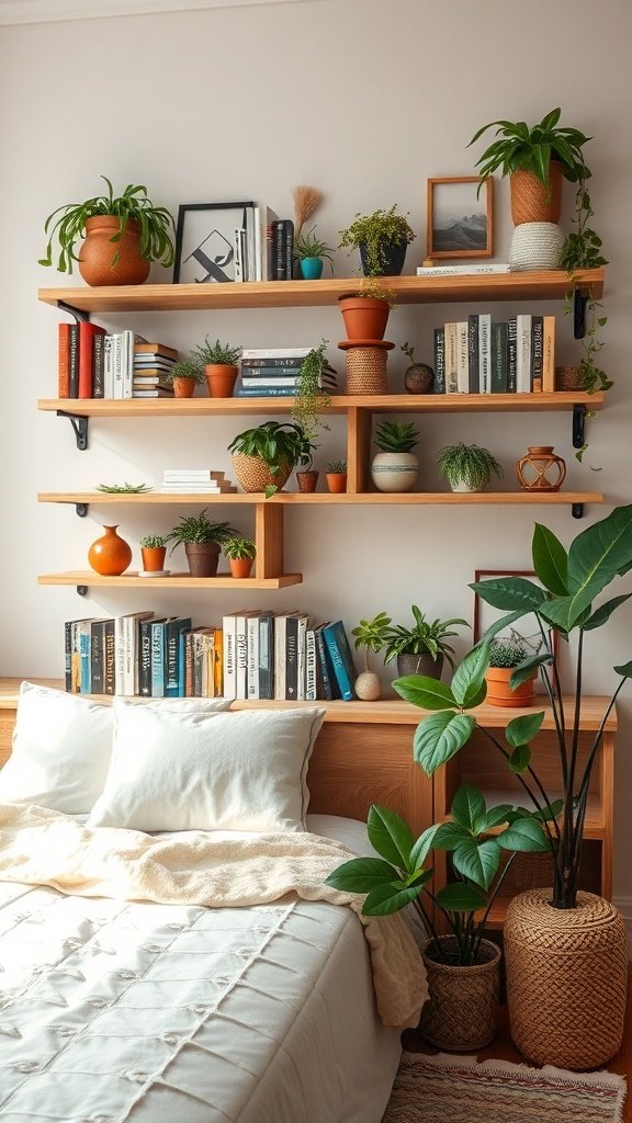 50 Boho Bedroom Decor Ideas to Transform Your Space Open shelving in a Boho bedroom displaying books and plants.