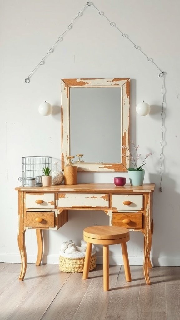 A rustic DIY vanity with a distressed wooden desk, a mirror, and soft lighting.