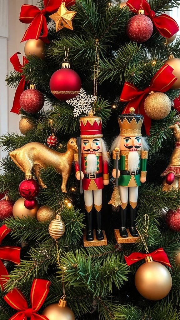 50 Creative Christmas Tree Decor Ideas to Elevate Your Holiday Spirit A beautifully decorated Christmas tree with nutcracker figures, red ribbons, and gold ornaments.
