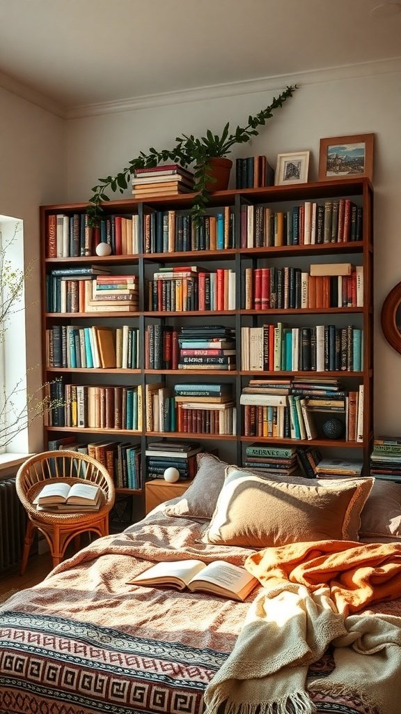 50 Boho Bedroom Decor Ideas to Transform Your Space A cozy Boho bedroom with a colorful bookshelf filled with books, a comfortable bed, and a chair.