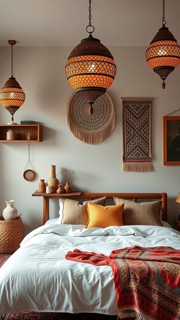 50 Boho Bedroom Decor Ideas to Transform Your Space A cozy Boho bedroom featuring hanging lanterns, woven wall art, and a wooden bed with colorful textiles.