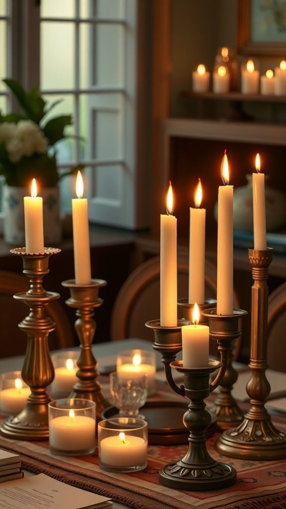 50 Charming Vintage Christmas Decor Ideas to Transform Your Home A collection of vintage candle holders with white candles, creating a warm and inviting atmosphere.