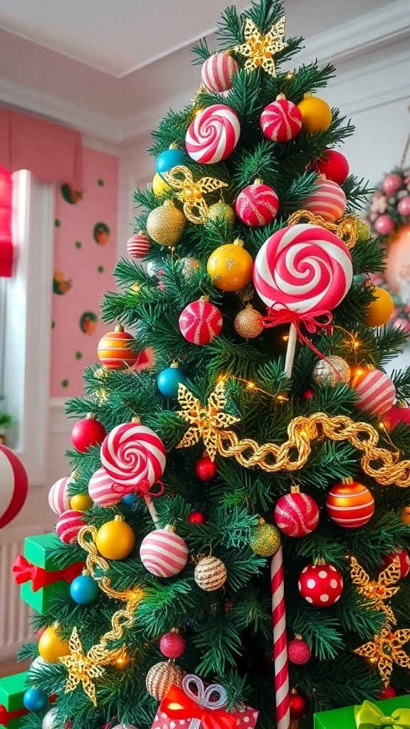 50 Creative Christmas Tree Decor Ideas to Elevate Your Holiday Spirit A Christmas tree decorated in a whimsical Candyland theme with colorful ornaments and oversized lollipops.