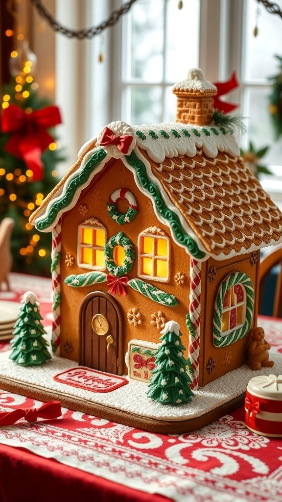 50 Charming Vintage Christmas Decor Ideas to Transform Your Home A beautifully decorated gingerbread house with colorful icing, surrounded by small green trees, set on a festive table.