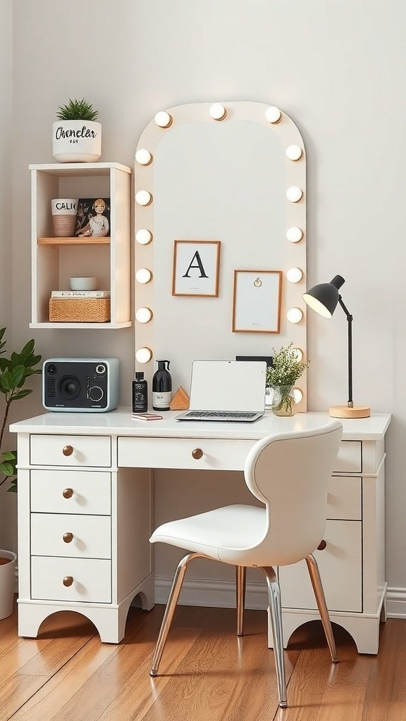 A stylish workspace vanity featuring a white desk, large mirror with lights, and decorative elements.