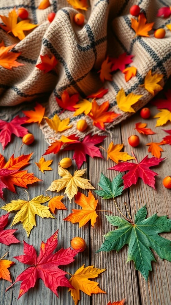 Colorful autumn leaves scattered on a wooden surface with a cozy blanket