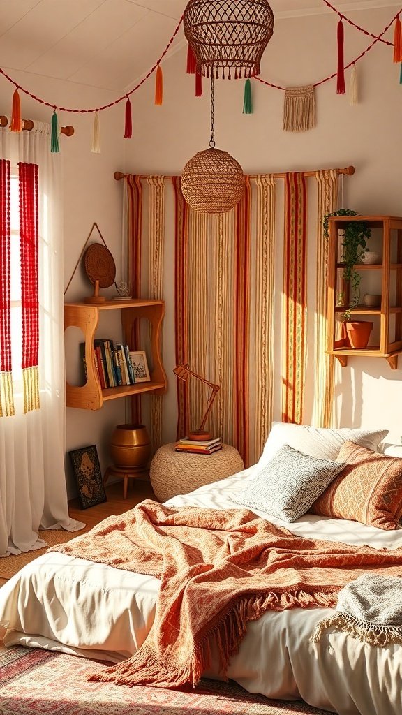 50 Boho Bedroom Decor Ideas to Transform Your Space A cozy Boho bedroom featuring colorful beaded decor, warm textiles, and natural elements.