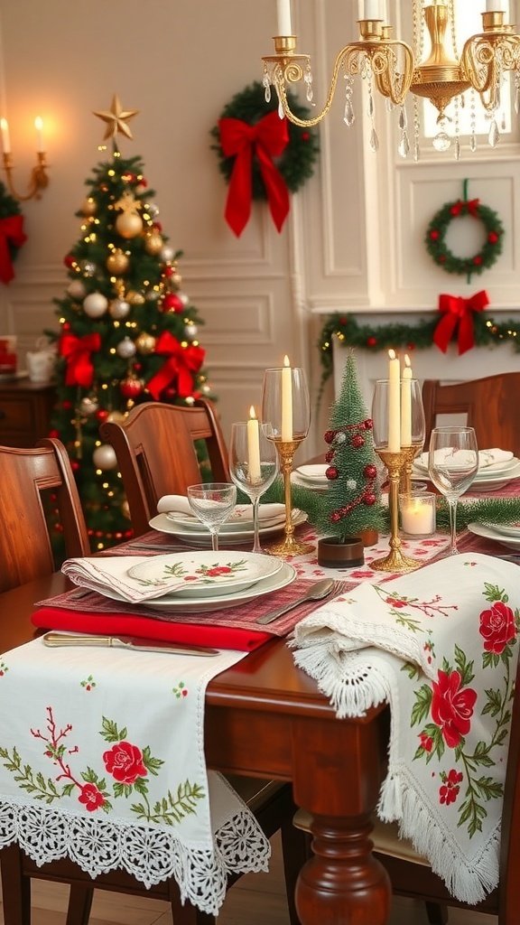 50 Charming Vintage Christmas Decor Ideas to Transform Your Home A beautifully set dining table with vintage Christmas linens, featuring floral patterns, candles, and a small decorative tree.