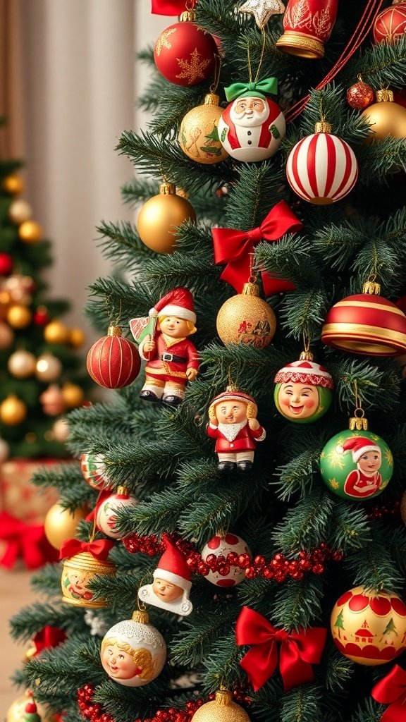 50 Creative Christmas Tree Decor Ideas to Elevate Your Holiday Spirit A beautifully decorated Christmas tree with colorful ornaments, including Santa figures and traditional holiday decorations.