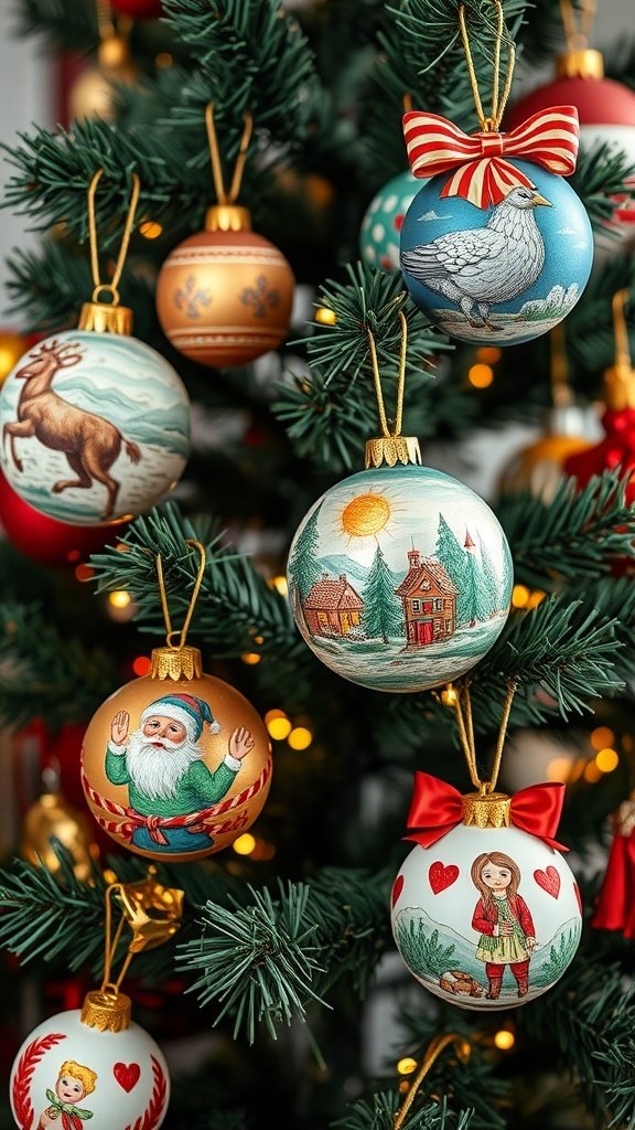 50 Creative Christmas Tree Decor Ideas to Elevate Your Holiday Spirit A close-up of artistic hand-painted ornaments on a Christmas tree, featuring various designs like a bird, Santa, and winter scenes.