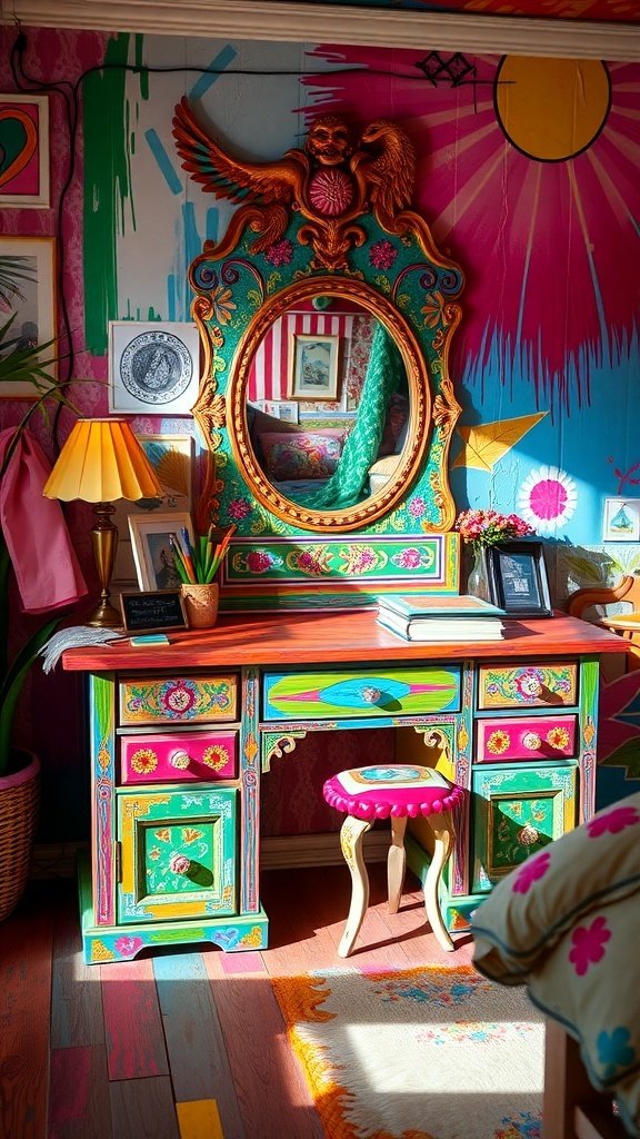 A colorful artistic painted vanity with a mirror, surrounded by vibrant wall art and decor.