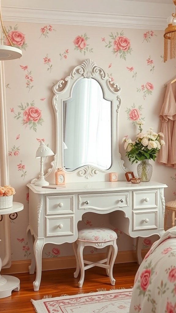 A beautifully designed vanity with floral wallpaper, a mirror, and decorative items.